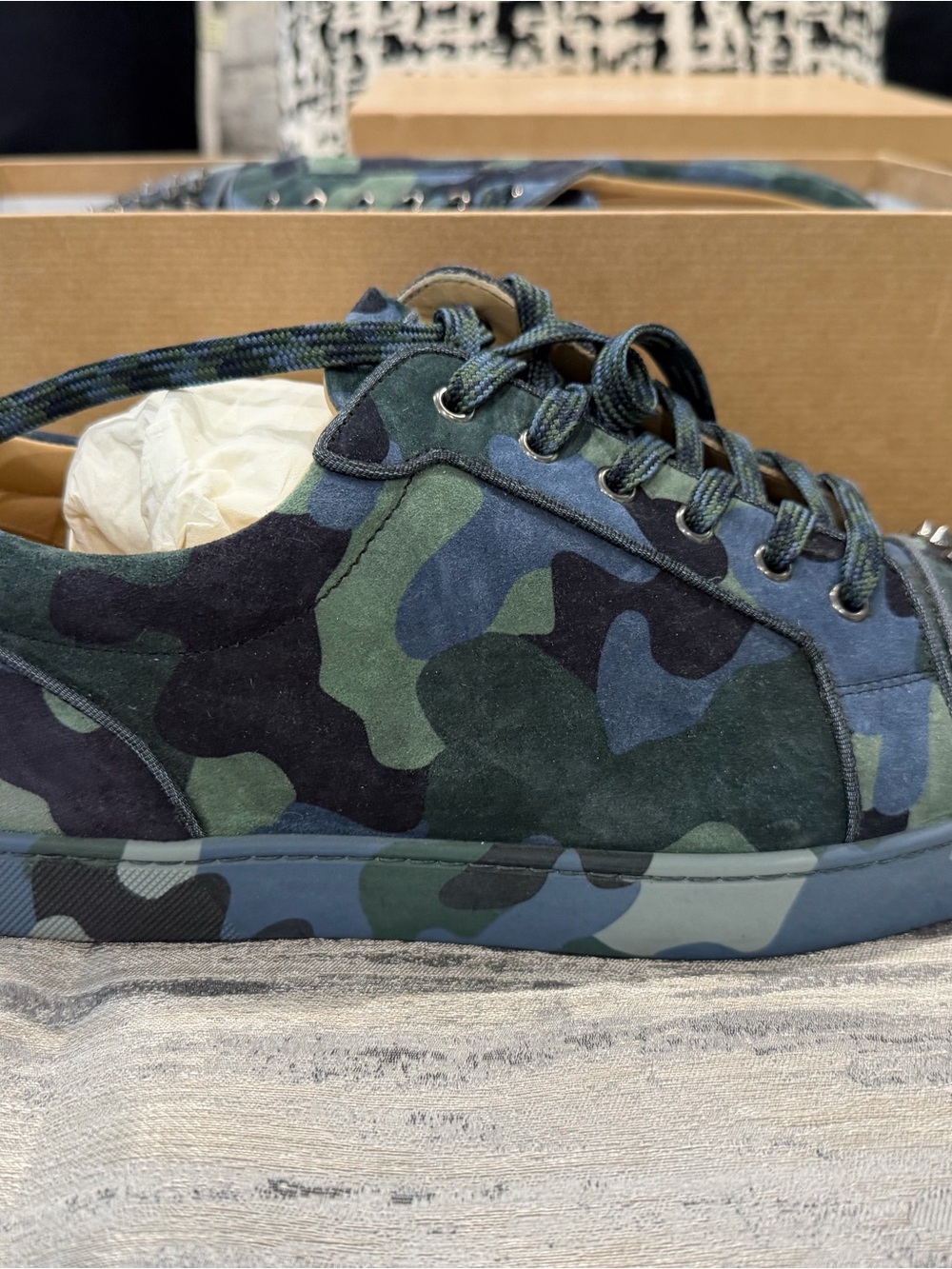 Christian Louboutin Camo Studded Low-Top Sneakers in Green, Blue, Black - Picture 3 of 4